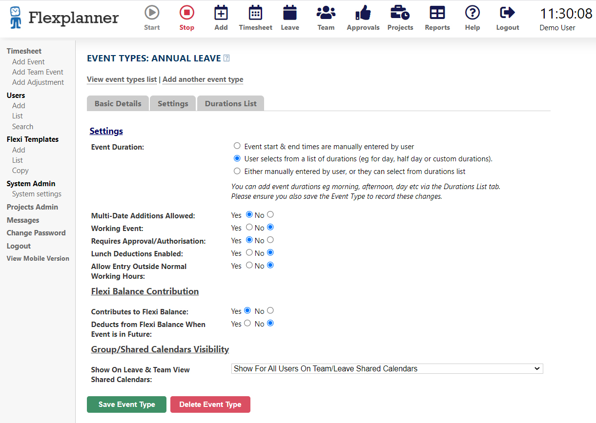 Flexi Time Software Screen Shot