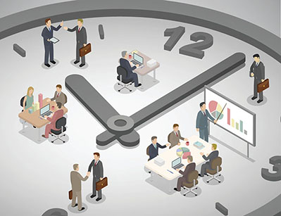 Clock illustration, people at work