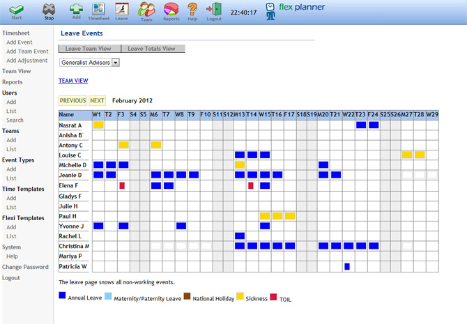 Staff holiday leave planner and absence management